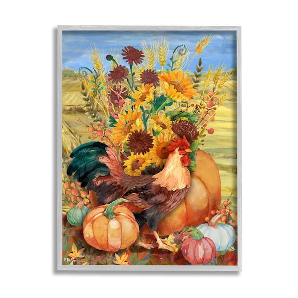 Stupell Industries Autumnal Rooster and Sunflowers by Paul Brent 1 Piece Framed Graphic Print Animal Poster Art Print 14 in. x 11 in.