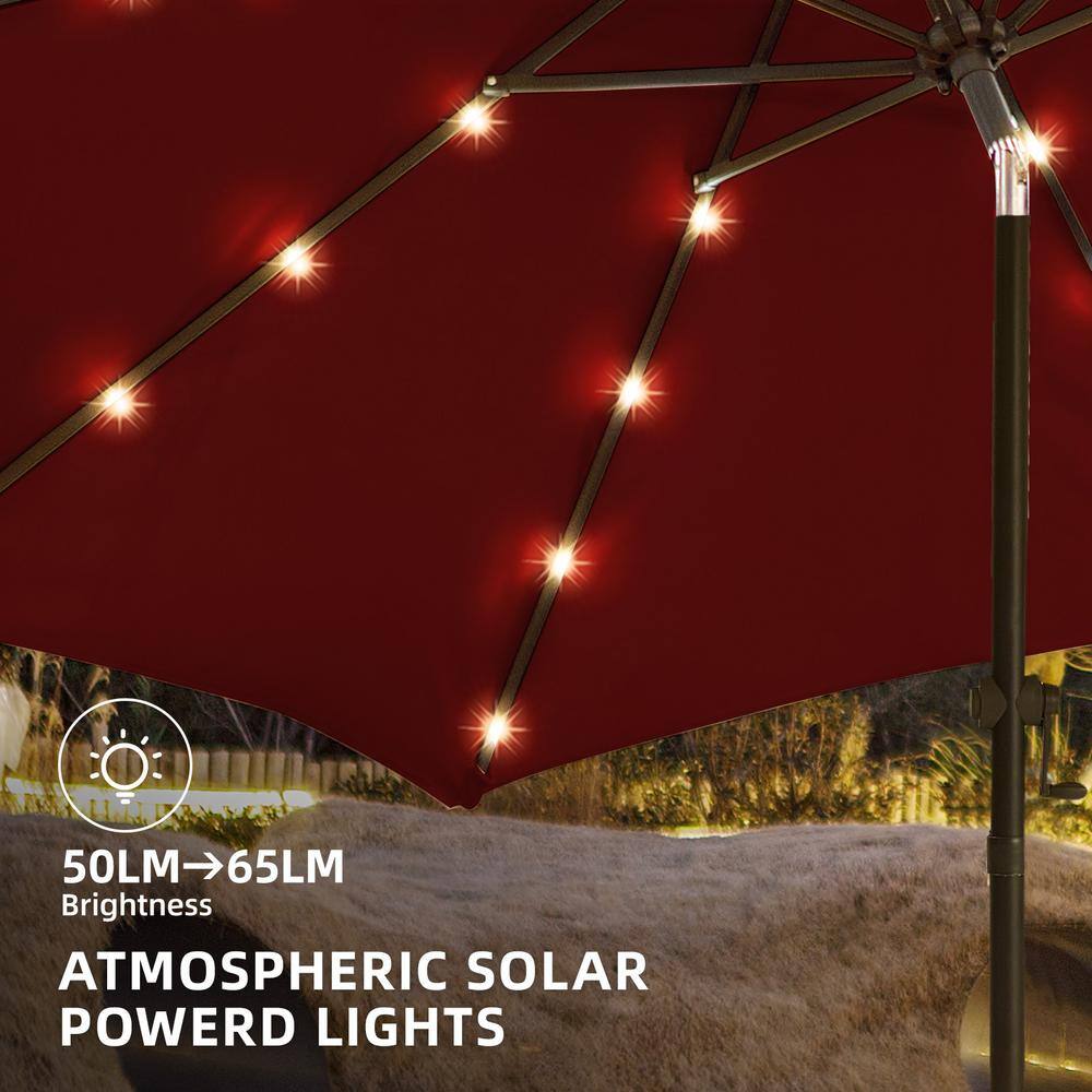Burgundy 9 ft. Solar LED Market Patio Umbrella with Crank and Tilt