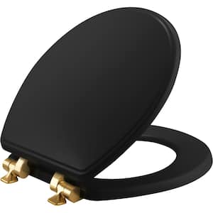 Weston Soft Close Round Enameled Wood Closed Front Toilet Seat in Black Never Loosens Brushed Gold Hinge