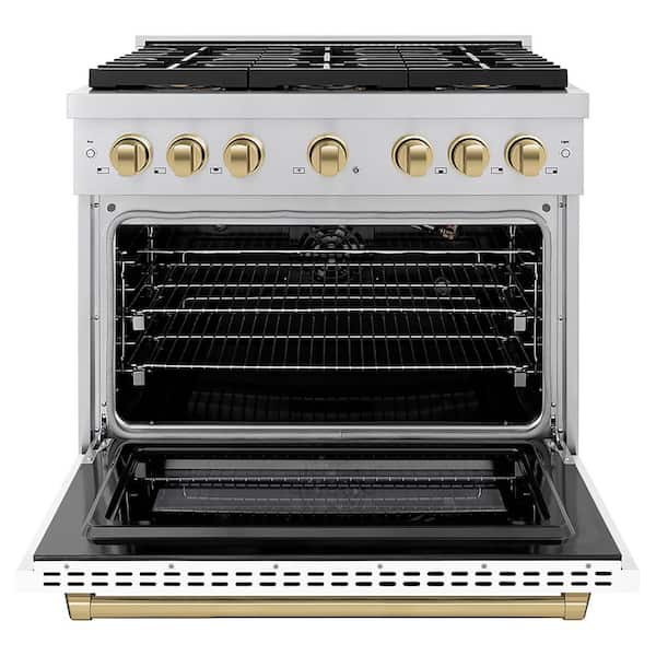 Autograph 36 in. 5.2 cu. ft. Paramount Gas Range with 6-Burners and Convection Gas Oven with White Matte and Champagne