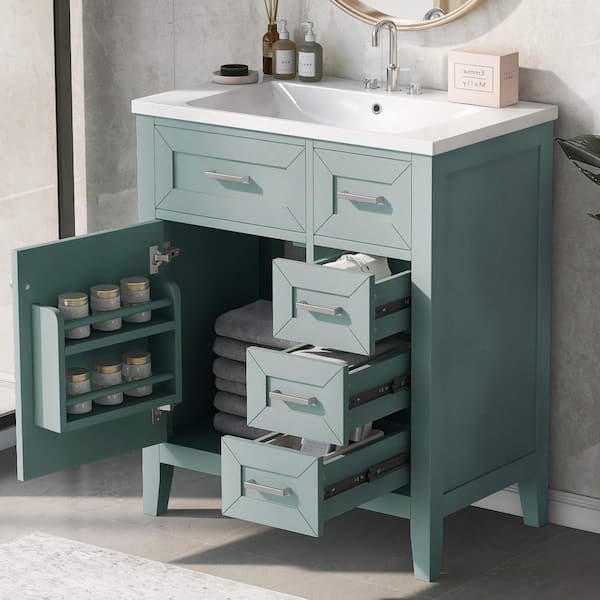 30 in. W Single Sink Freestanding Bath Vanity in Green with White Ceramic Top, 3-Drawers and 1-Door
