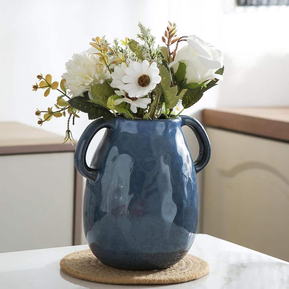 Ceramic Vase with 2-Handles, Modern Farmhouse Vase for Home Decor, Rustic P
