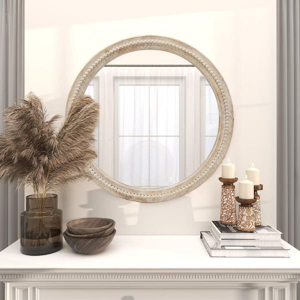 28 in. W x 28 in. H Bohemian Carved Beaded Round Wood Frame Wall Mirror Decorative Mirror