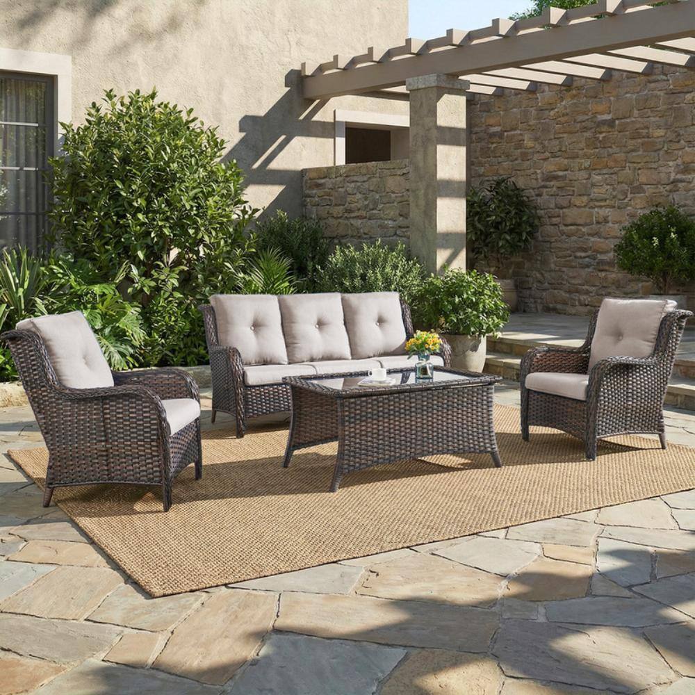 Wellcane 4-Piece Brown Wicker Patio Conversation Set Sofa Set, Coffee Table and Armchairs with Beige Cushions price history on PriceWatchPro
