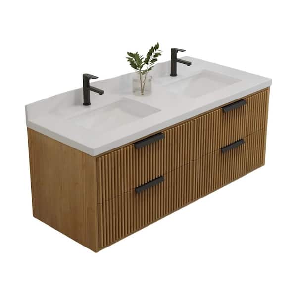 Avihome 55 in. Double Floating Light Brown Bath Vanity with White Engineered Marble Top Assembled