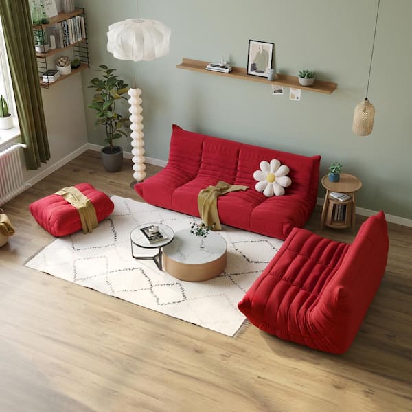 J&E Home 69 in. W Armless Teddy Velvet 3-piece Modular Free Combination Sectional Sofa with Ottoman in. Red