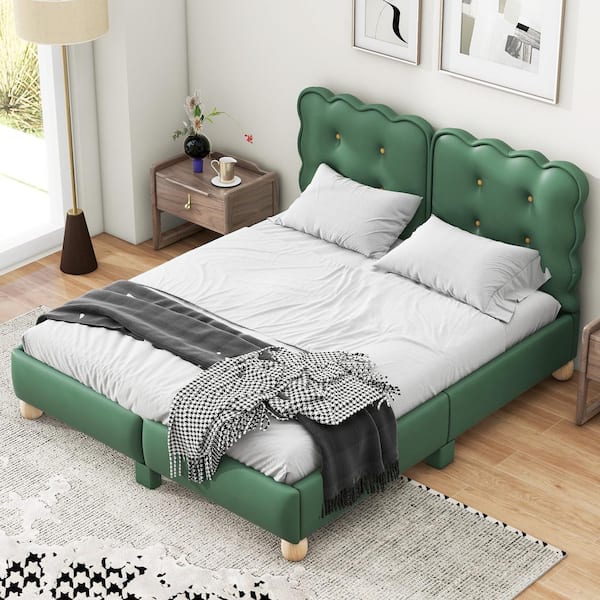 Harper & Bright Designs Green Wood Frame Queen Linen Upholstered Platform Bed with Button-Tufted Biscuit-Shape Headboard, Additional Legs