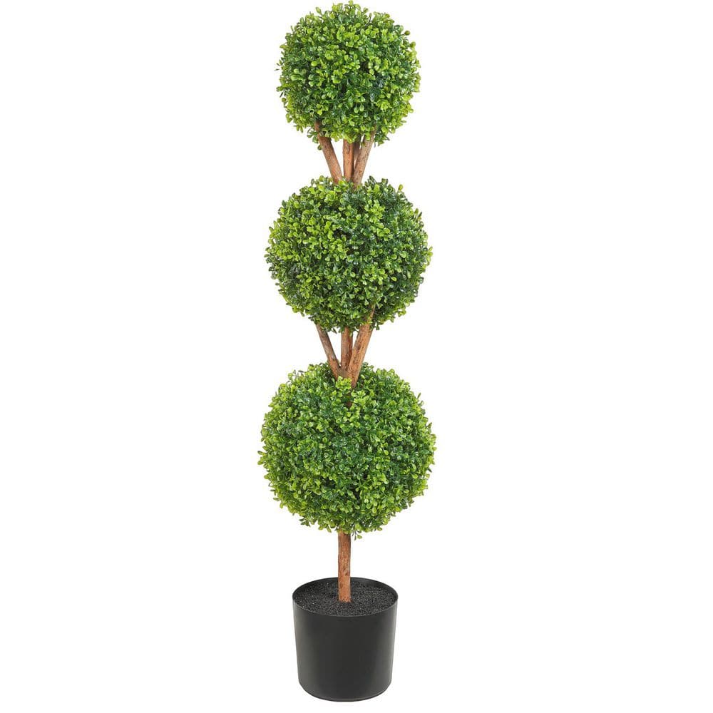 4 ft. Artificial Topiaries Boxwood Trees in Pot, 2 Pieces, 3 Ball-Shape Faux Topiaries Plant with Planters, Green