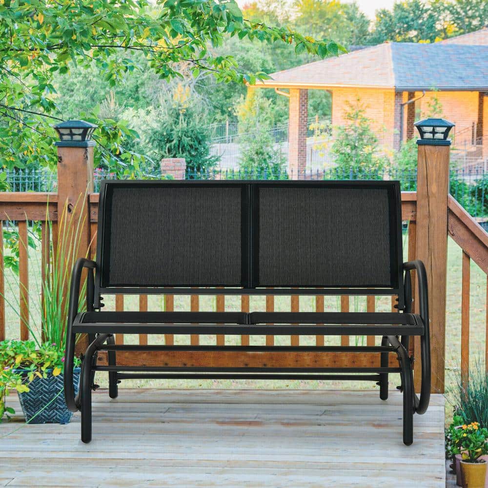 Black Steel Outdoor Glider Bench Loveseat with Mesh Fabric