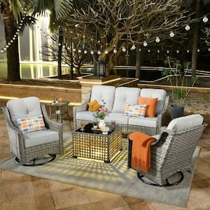 Palffy Gray 5-Piece Wicker Patio Conversation Seating Set with Gray Cushions and Swivel Rocking Chairs