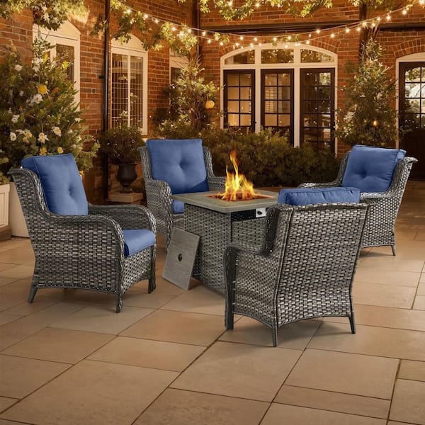 Pocassy 5 Piece Wicker Patio Chairs for 4 with 30 in. Gas Propane Fire Pit Table Outdoor Chair Sets