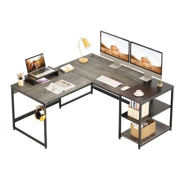 Bestier  in. Retro Grey Oak-Dark L-Shaped Computer Desk with Shelves  D054E-GRY - The Home Depot