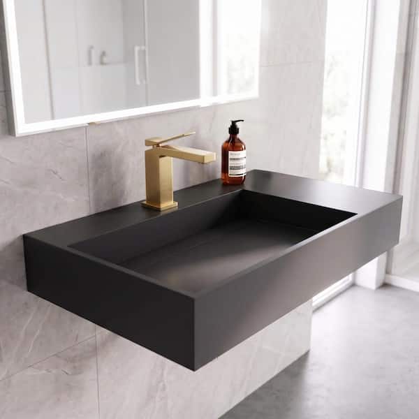 Juniper 30 in. Wall Mounted Solid Surface Left Side Basin Rectangle Non Vessel Bathroom Sink in Matte Black