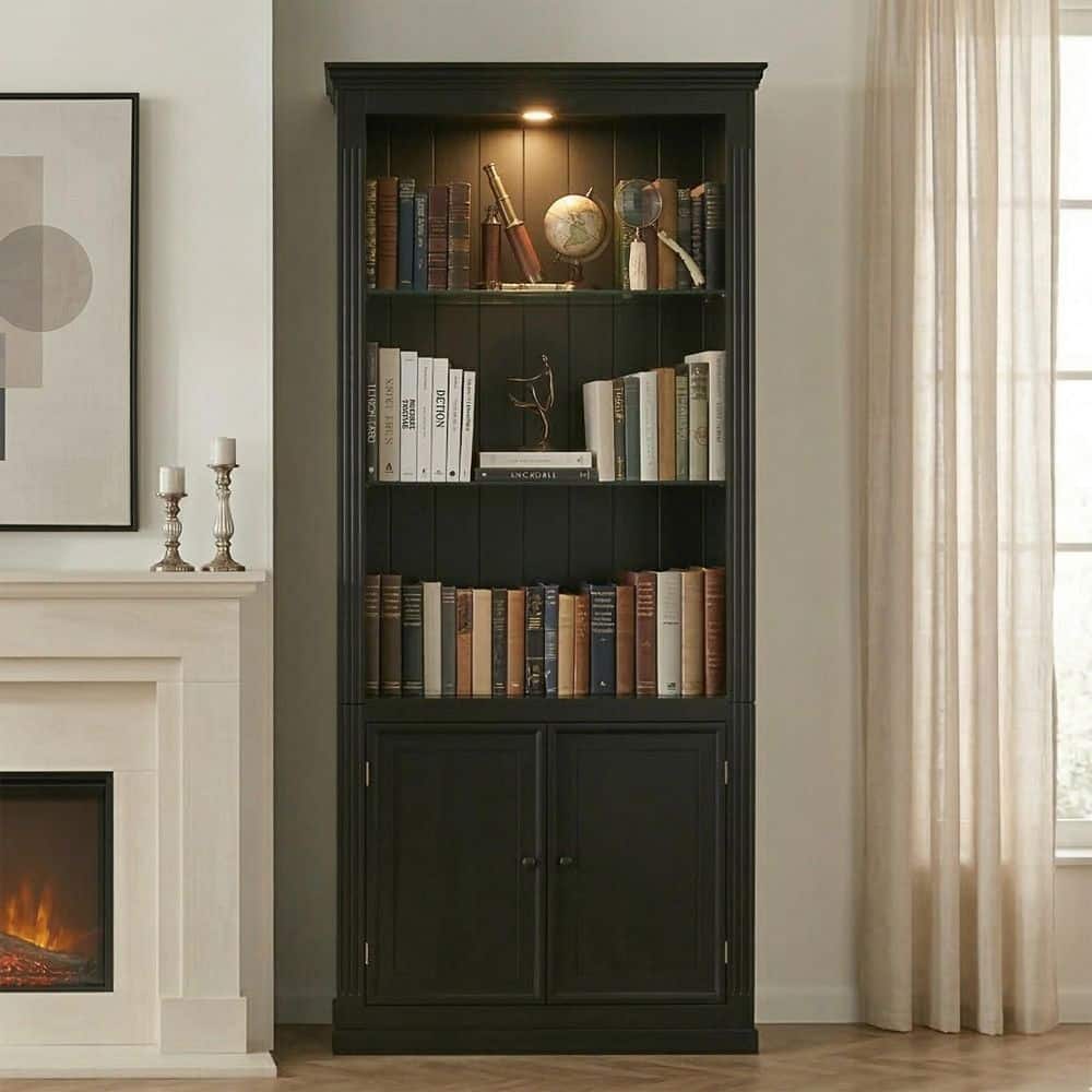 78.75 in. Tall Black MDF 4-Tier Display Bookcases Shelf with 5-Color Ceiling LED Light and Adjustable Glass Shelves price history on PriceWatchPro