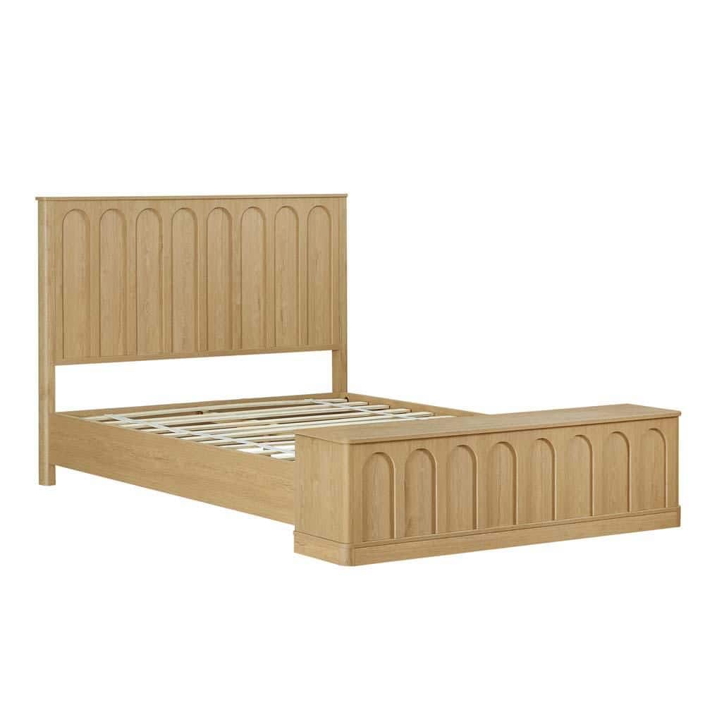 Oak Beige Bed Frame with Storage, Queen Size Platform Bed with Footboard Bench for Bedroom