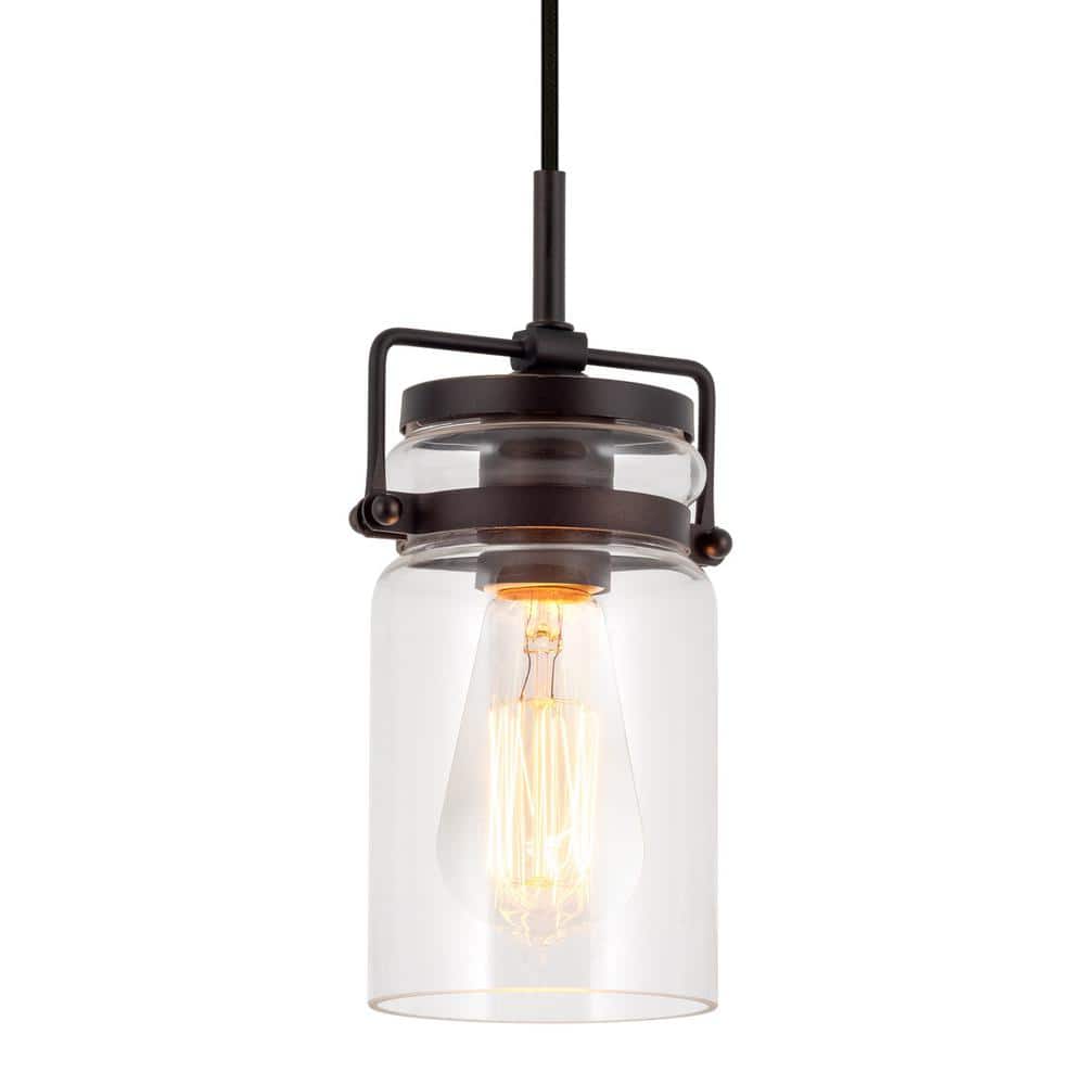 Wyer 8" Bronze Industrial Pendant Light with Clear Glass Shade