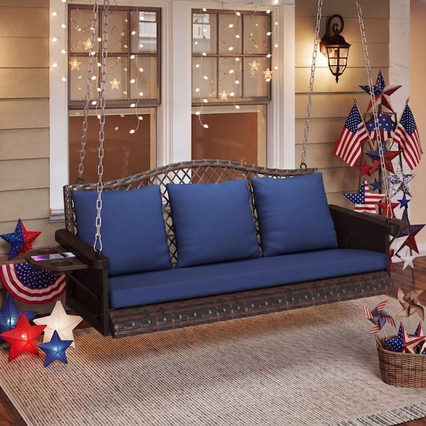 3-Person Brown Wicker Porch Swing with Blue Cushions, Woven-Rattan Back