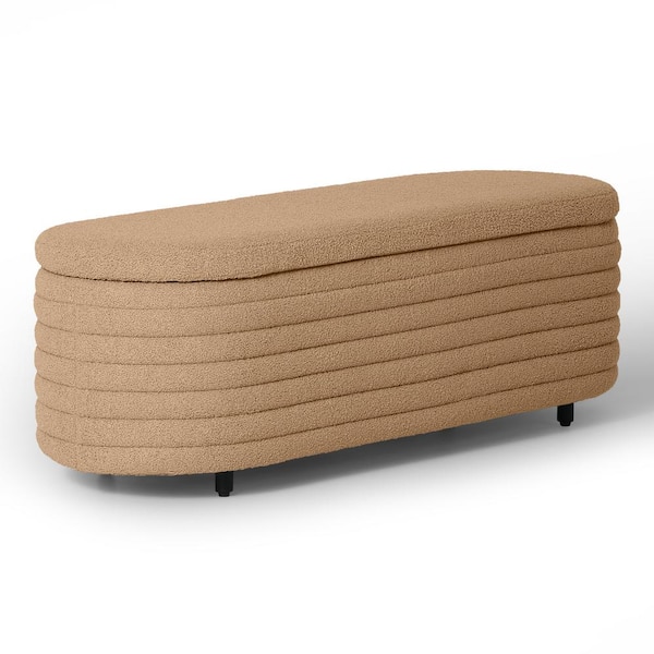 WESTINFURNITURE Bayville 54 in. Wide Oval Sherpa Upholstered Entryway Flip Top Storage Bedroom Accent Bench in Camel