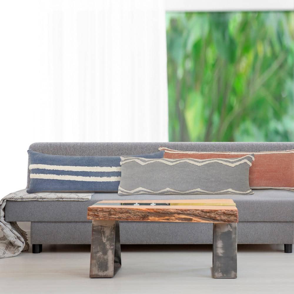 Dusty Blue and White Striped Tufted Lumbar Throw Pillow, 14" x 36"