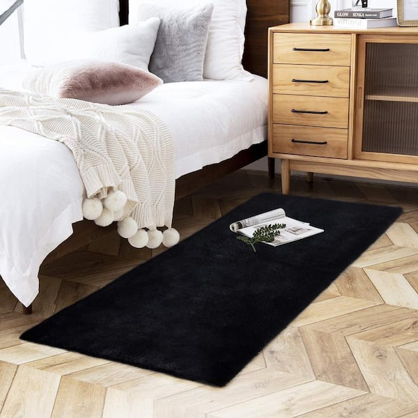 Mmlior Black 2 ft. x 6 ft. Soft Faux Rabbit Fur Runner Rug