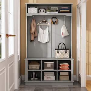 Gray Painted Hall Tree with Shoe Bench, Hanging Hooks, and Storage Cubbies, Entryway