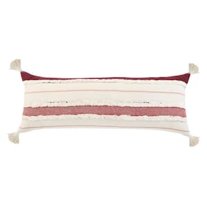 Quarry Berry Maroon Red /White Tufted Striped Tassels Soft Poly-Fill 14 in. x 36 in. Indoor Throw Pillow