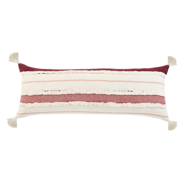 Unbranded Quarry Berry Maroon Red /White Tufted Striped Tassels Soft Poly-Fill 14 in. x 36 in. Indoor Throw Pillow