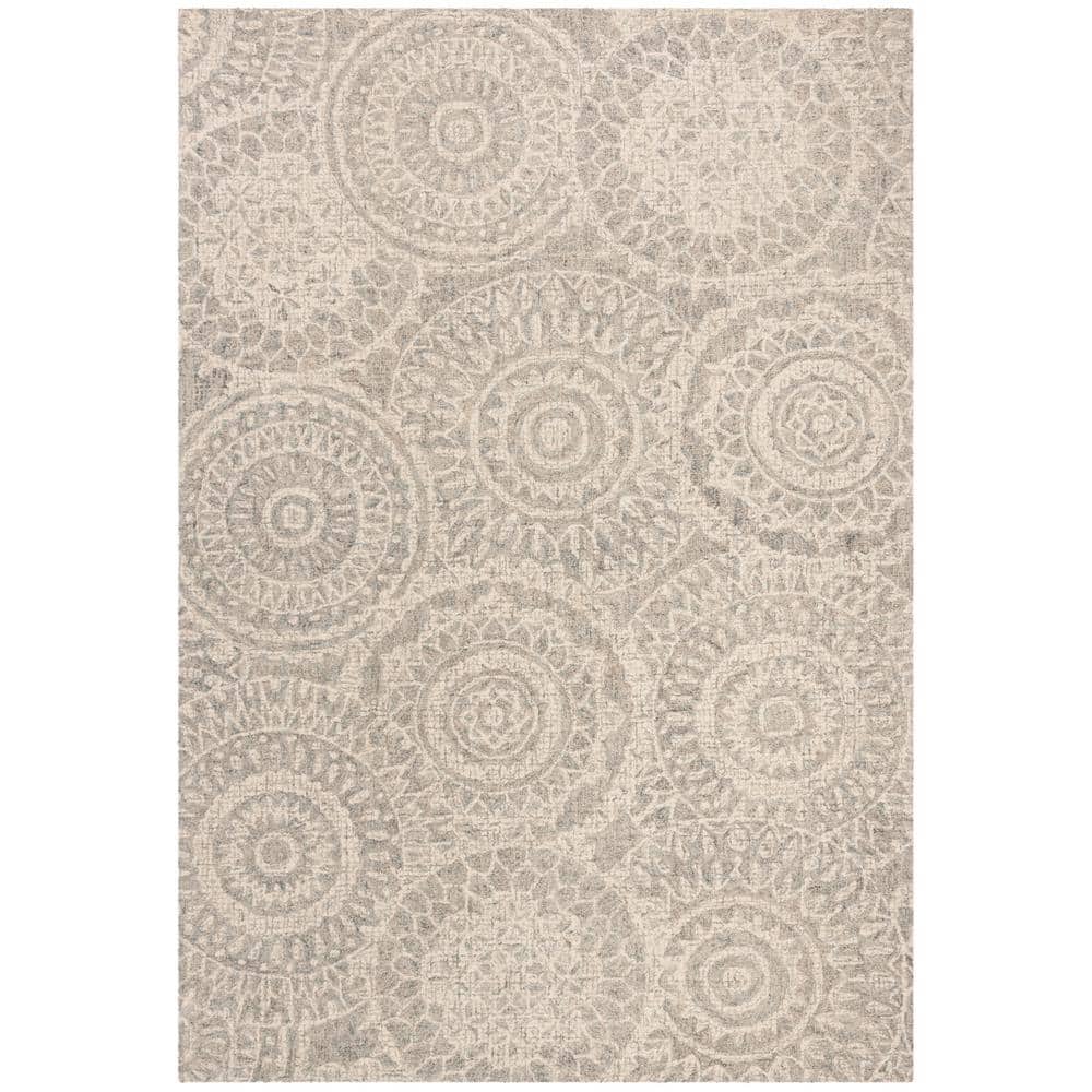 Ivory and Grey Abstract Tufted Wool 8' x 10' Rug