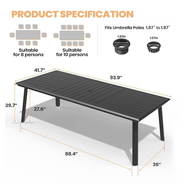 93.9 in. Aluminum Black Rectangular Outdoor Patio Dining Table with Umbrella Hole