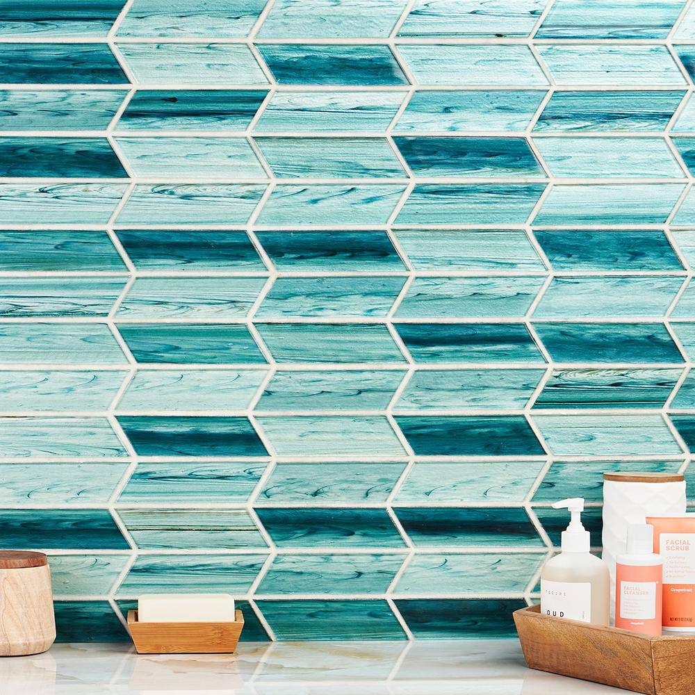 Rivulet Teal Chevron Polished Glass Mosaic Wall Tile