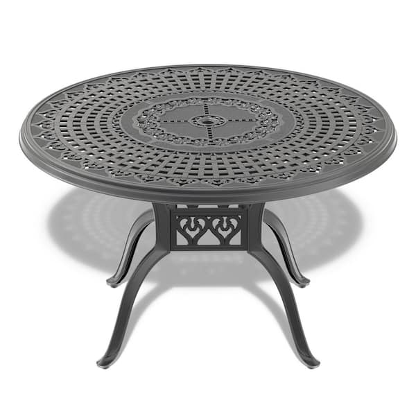 47.24 in. Round Cast Aluminum Outdoor Dining Table Umbrella Hole Curved Lines Various Pattern and Anti-Slip Foot Pad