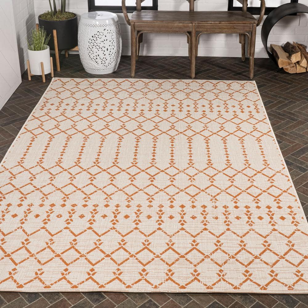Cream and Orange Geometric Flatweave Indoor/Outdoor Rug