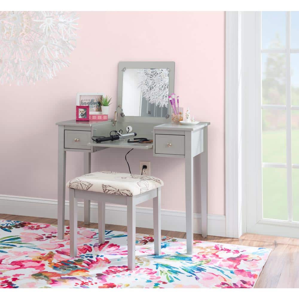 Silver Butterfly 39" Vanity Set with Padded Stool and Flip Top Mirror