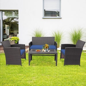 4-Piece Rattan Outdoor Patio Conversation Set Furniture Set with Navy Cushions