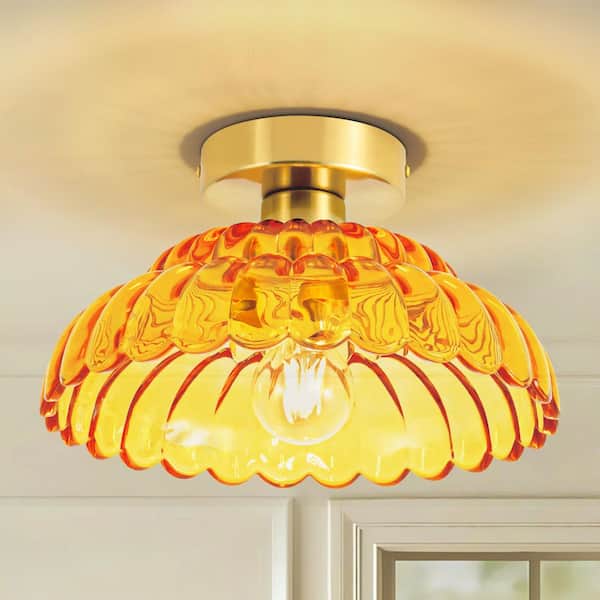 Blanche 11.8 in. 1-Light Modern Gold Dome Semi-Flush Mount Light w/ Textured Amber Glass