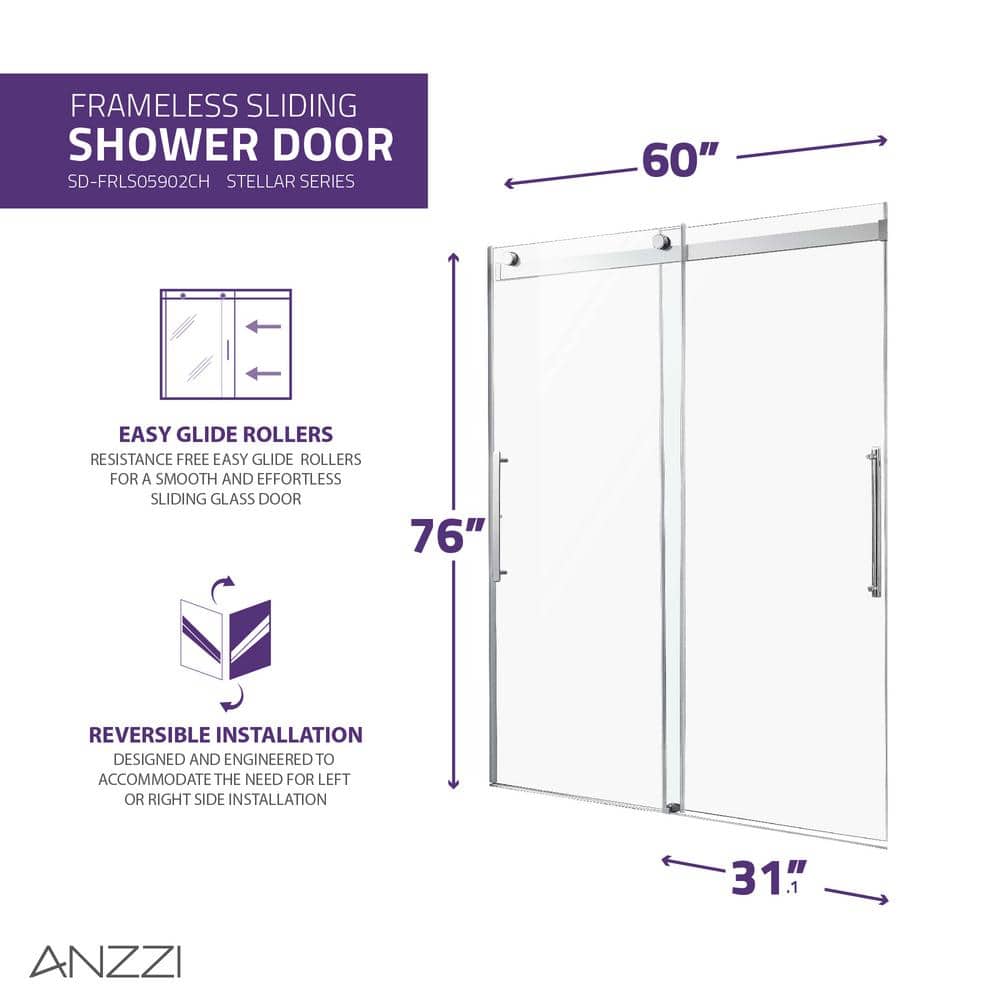 Stellar 76" x 60" Frameless Polished Chrome Sliding Shower Door