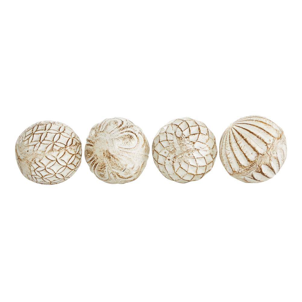 White and Gold Ceramic Carved Decorative Orbs, Set of 4