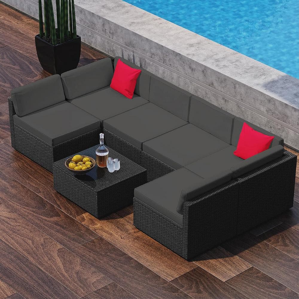 HEARTH & HARBOR 7Piece Black Wicker Outdoor Sectional Patio Furniture Corner Sofa Set and