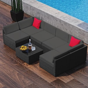 7-Piece Black Wicker Outdoor Sectional Patio Furniture Corner Sofa Set and Coffee Table with Gray Cushions