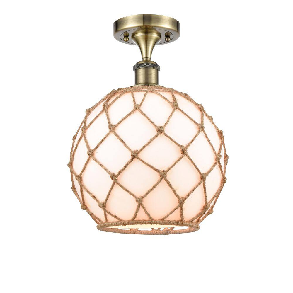 Farmhouse Rope 10 in. 1-Light Antique Brass Industrial Semi-Flush Mount with Frosted Glass Shade price history on PriceWatchPro