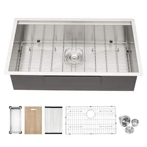 32 in. x 19 in. Undermount 18 Gauge Stainless Steel Single Bowl Workstation Kitchen Sink with Cutting Board and Strainer