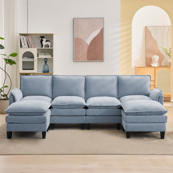 100.79 in. W 6-Piece Modern Velvet Linen Sectional Sofa with Ottoman in. Blue