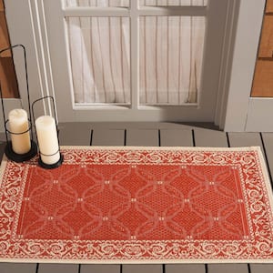 Courtyard Red/Natural 2 ft. x 4 ft. Border Indoor/Outdoor Patio Area Rug