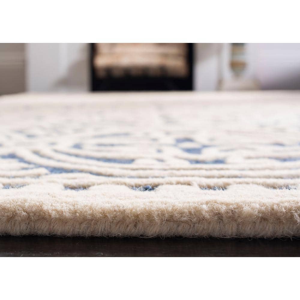 Ivory and Navy Blue Hand-Tufted Wool Geometric Square Rug