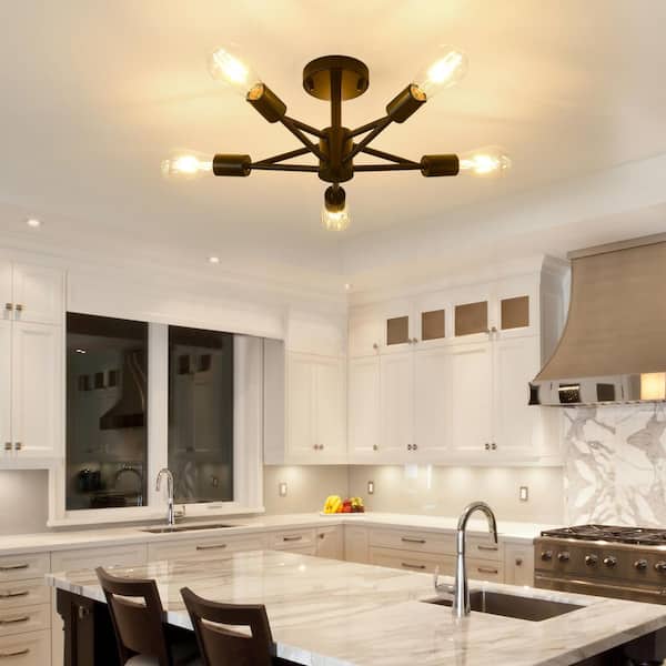 Modern 18.5 in. 5-Light Black Sputnik Industrial Semi-Flush Mount Ceiling Lights