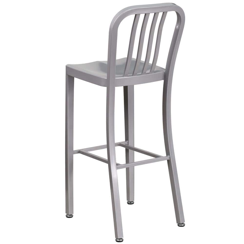 Silver Metal 30" High Indoor-Outdoor Barstool with Slat Back