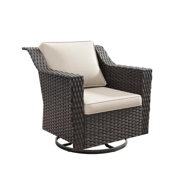 JOYSIDE Wicker Outdoor Rocking Chair Patio Swivel Chair with Beige Cushions