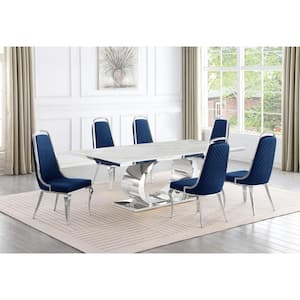 Ibraim 7-Piece Rectangle White Marble Top with Stainless Steel Base Dining Set with 6 Navy Blue Velvet Chrome Iron Chair