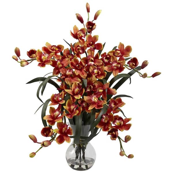 Nearly Natural Large Cymbidium with Vase Arrangement in Burgundy