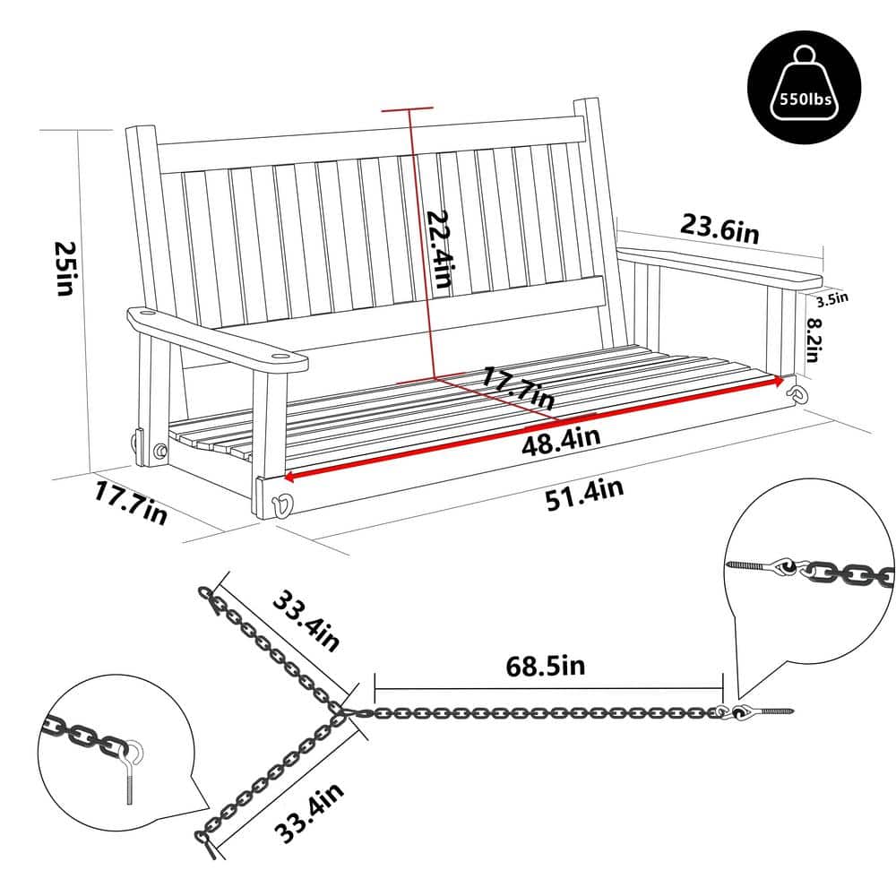 White Solid Wood 4' Outdoor Porch Swing with Chains